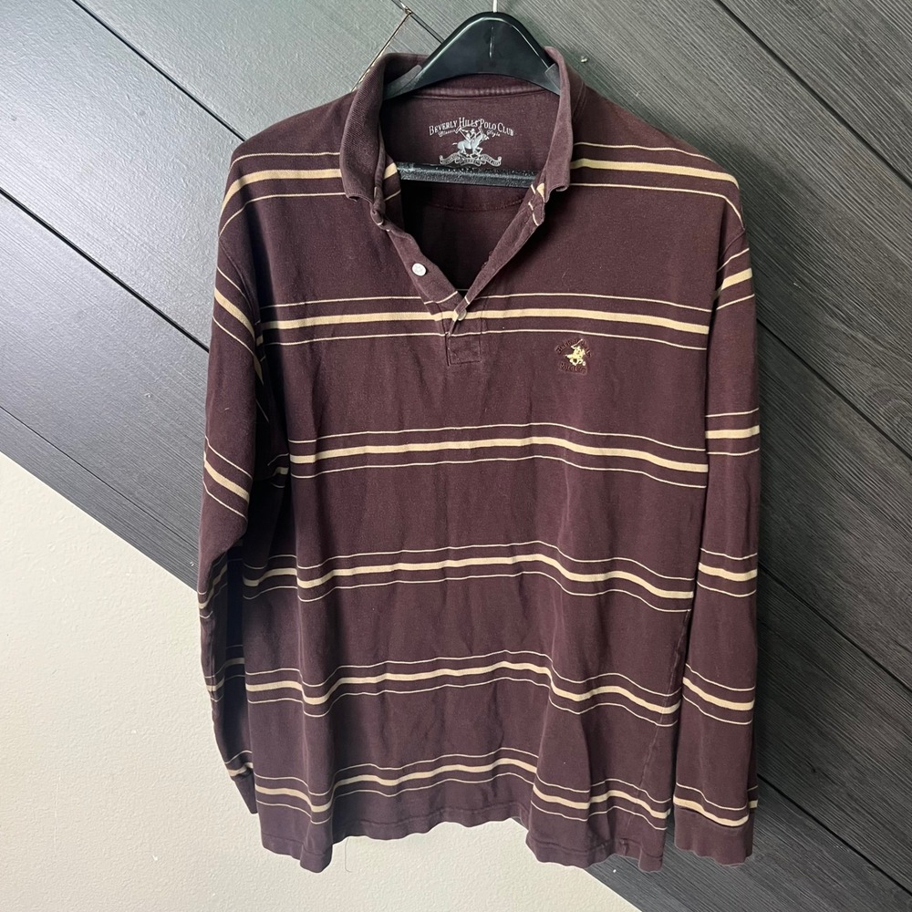 Beverly Hills Polo Club Men's Rugby Polo Shirt Striped Brown Long Sleeve  L